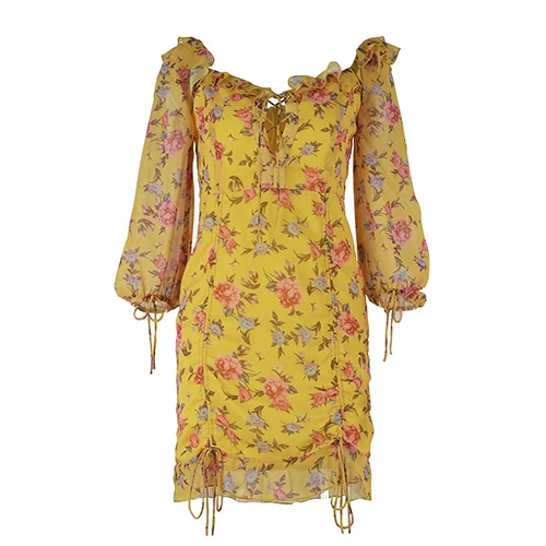 Yellow OOTN летнее женское платье с оборками и открытыми плечами на шнуровке с желтым цветочным принтом, весенние повседневные шифоновые мини-платья с длинным рукавом для девушек - Цвет: Yellow