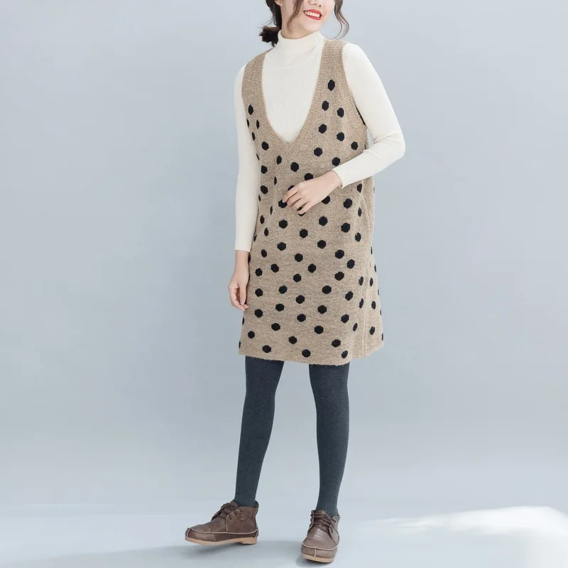 2018 autumn and winter large size women's loose sweater Two-piece suit fashion dot V-neck casual long sweaters | Женская одежда