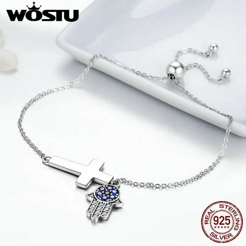 WOSTU, натуральная 925 пробы, серебряный, Хамса, рука, глаз, крест, цепочка, браслет для женщин, хорошее ювелирное изделие, подарок на удачу, CQB028