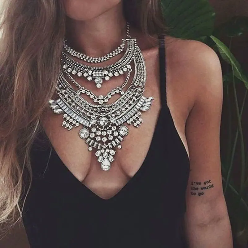 Boho Vintage Necklace for Women Antique Silver Crystal Tassel Statement Necklaces &amp Pendants Bohemian Maxi Jewelry | Украшения и