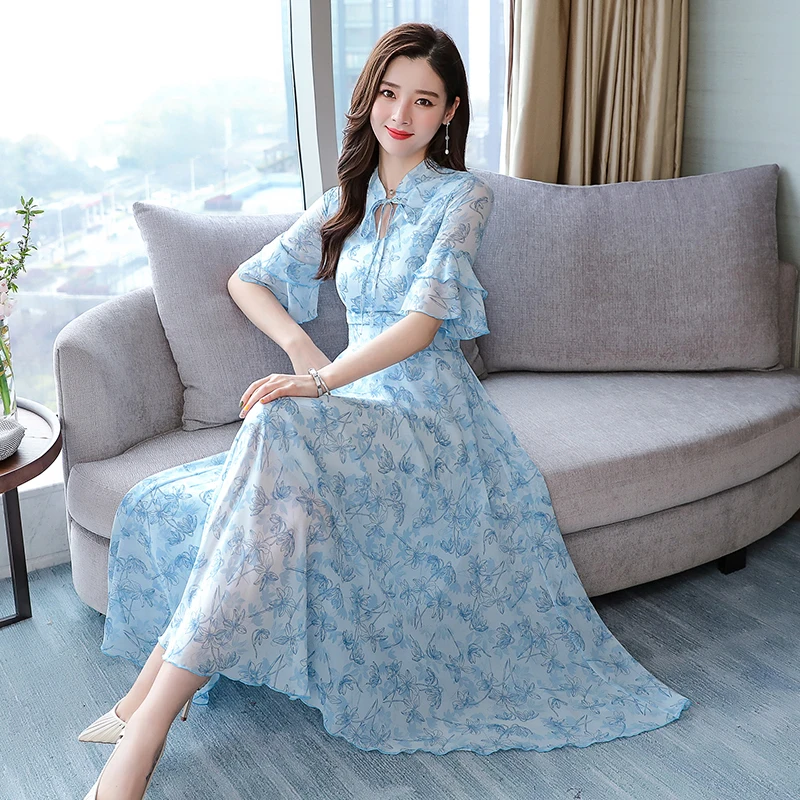 

Youth clothing Floral chiffon female dress high quality Summer dresses 2019 fashion Bell sleeve Large size vintage dress 1377
