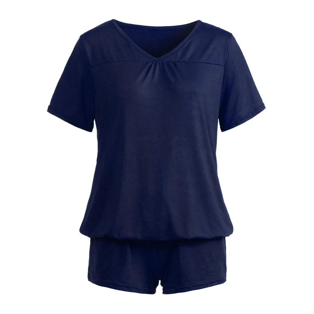 Navy Пижама, женские пижамные комплекты, одежда для сна, одноцветные шорты, рукав, v-образный вырез, женские пижамы, Хлопковая пижама, пижамные комплекты, пижама, сексуальная женская пижама - Цвет: Navy