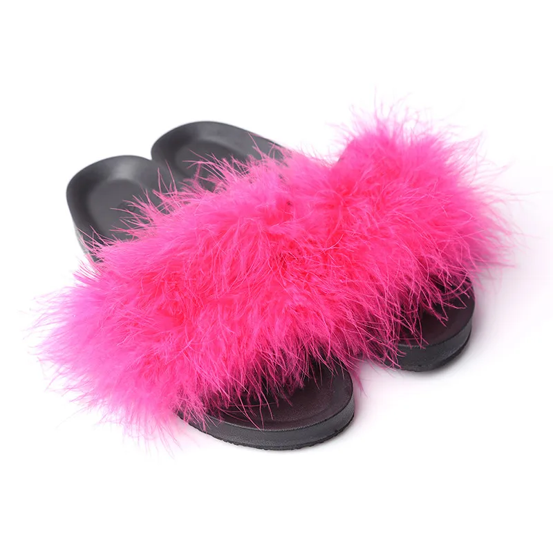 pink 1 пара; Новинка; меховые тапочки; домашние тапочки с мехом страуса; модные Вьетнамки; пляжные сандалии; летние женские домашние тапочки - Цвет: pink