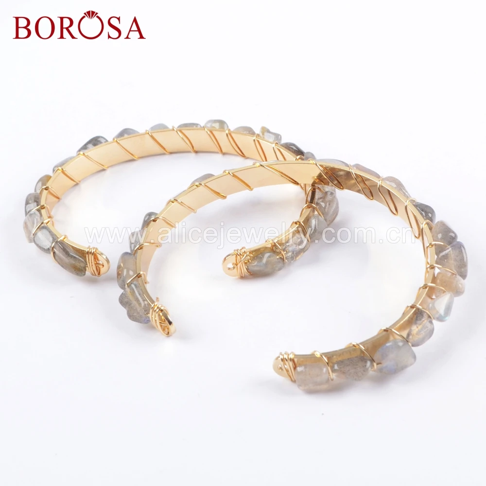 BOROSA 5/10PCS Fashion Natural Labradorite Beads Bangles Gold Color Wire Wrapped Gems Stone Bracelet for Wholesale WX1035 | Украшения и