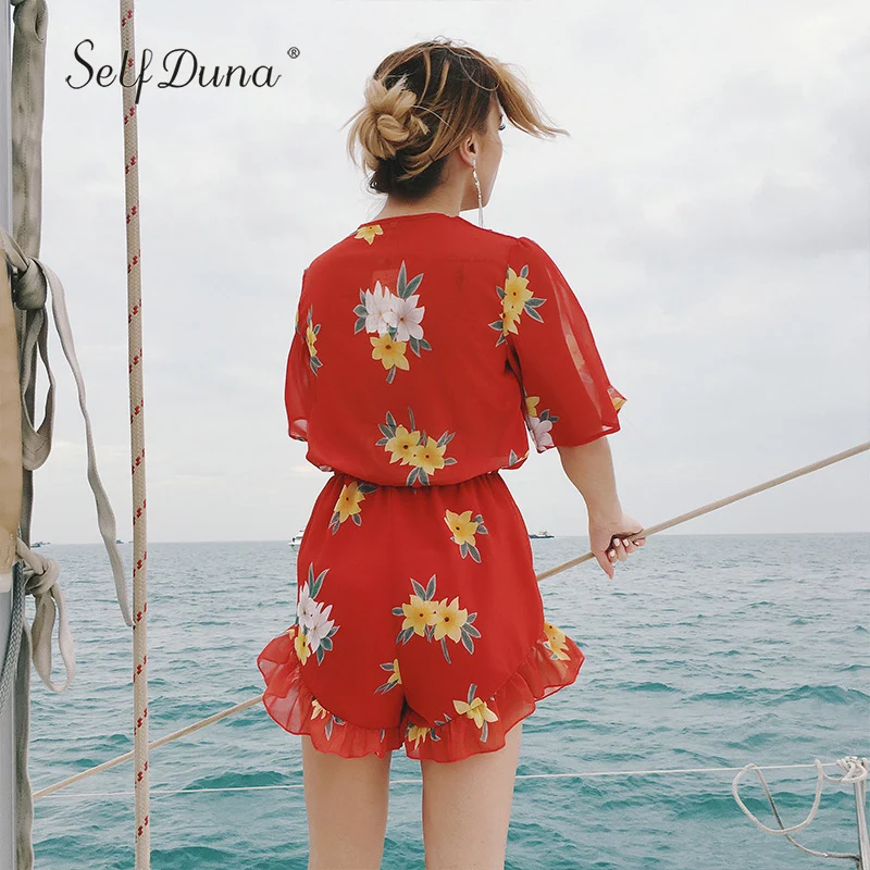 Женский комбинезон с цветочным принтом и коротким рукавом Self Duna красный