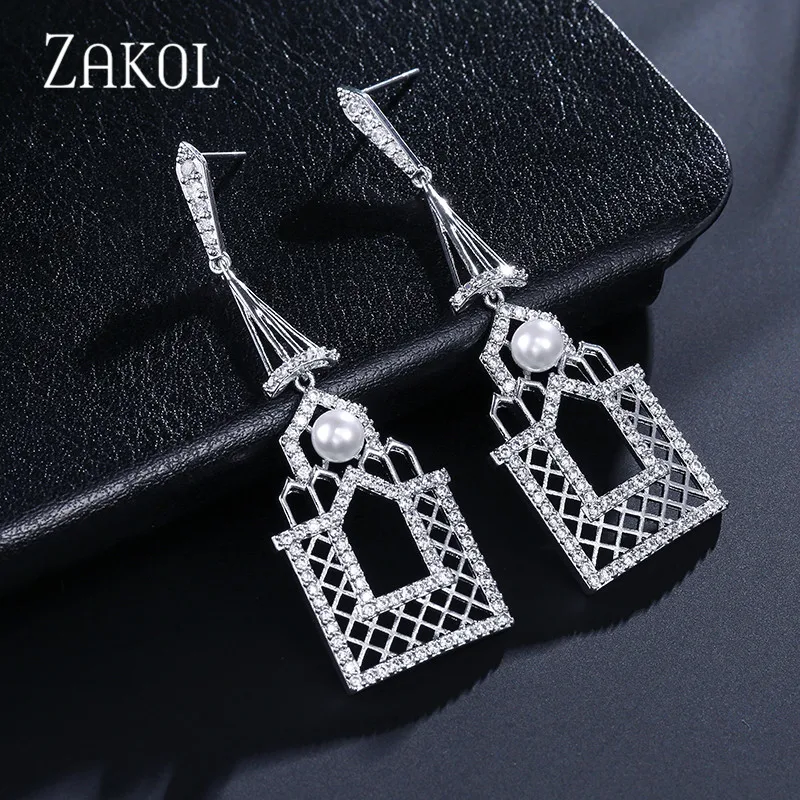 ZAKOL брендовые элегантные нежные в форме замка CZ длинные висячие серьги для женщин