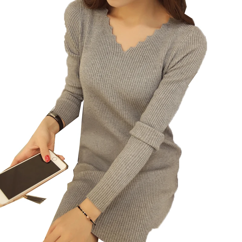 Женское трикотажное платье свитер с V образным вырезом и длинным рукавом|dress long
