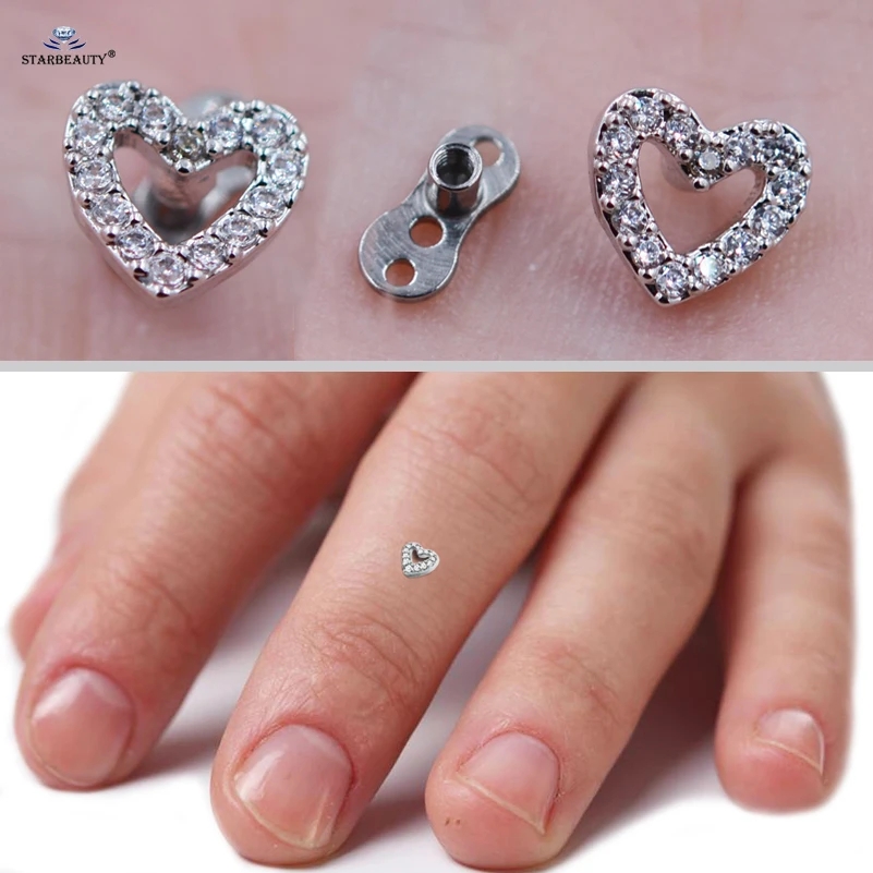 

Top and Base 1 set Light Tide Micro Dermal Piercing 16G Heart Skin Diver Piercing Hand Hide-it Skin Steel Steel Body Jewelry