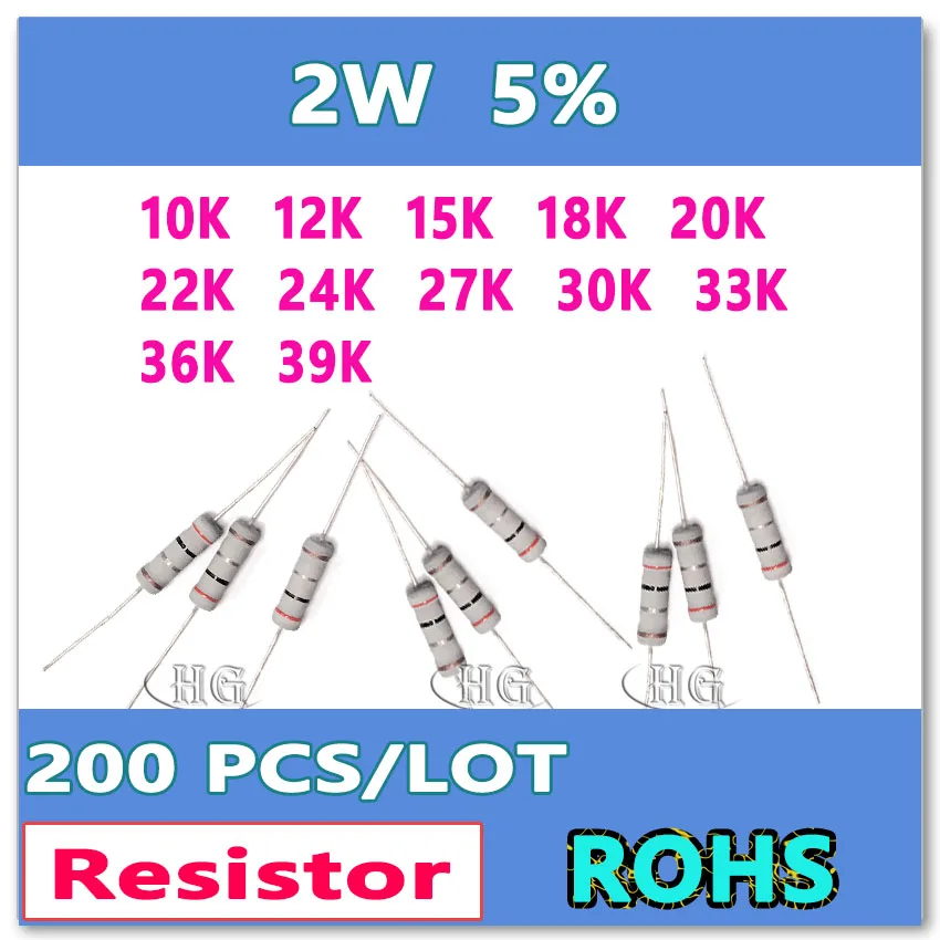 JASNPROSMA 200 шт./лот 5% 2 Вт 10 к 12 15 18 20 22 24 27 30 33 36 39 углеродная пленка DIP OHM Резистор|ohm| |
