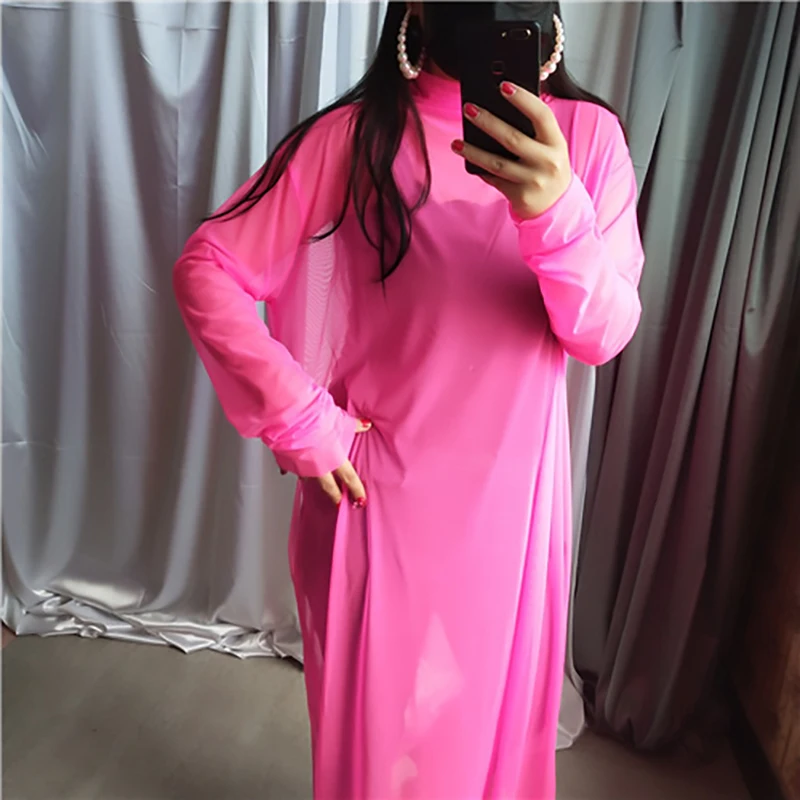 [EAM] New Autumn Winter High Collar Long Sleeve Black Mesh Perspective Colorful Long Big Size Dress Women Fashion JU790