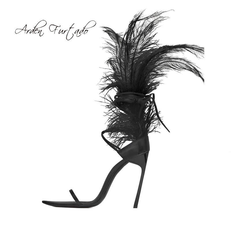 

Arden Furtado summer high heels 12cm white ostrich feather stilettos sexy open toe ankle strappy sandals women's shoes ladies