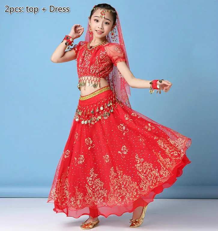 2pcs red Детские костюмы танец живота для индийских танцев Болливудский костюм сцены модная одежда для девочек живота платье для танцев комплект индийская одежда - Цвет: 2pcs red