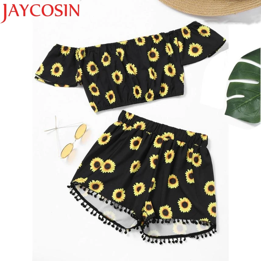JAYCOSIN женский короткий топ с открытыми плечами и принтом подсолнуха + шорты