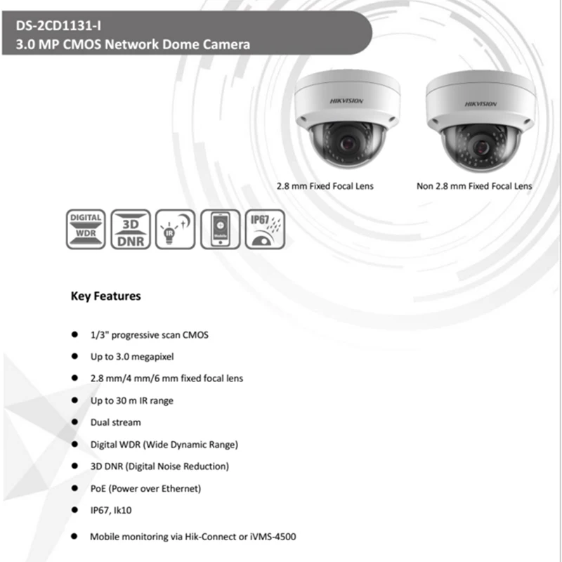 Новый DS 2CD1131 I Hik IPC 3MP купольная ip камера IK10 2 оси регулировки дешевые w/POE заменить