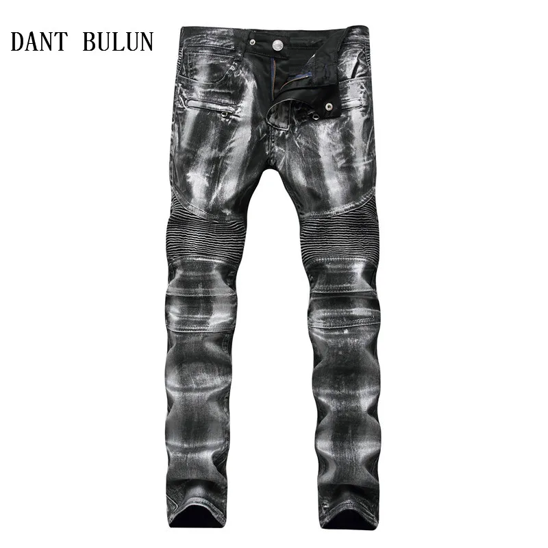 Мужские байкерские джинсы облегающие джинсовые брюки с принтом и покрытием