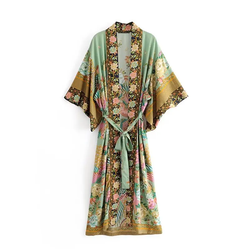Bohemian V neck Peacock Flower Print Long Shirt Kimono Ethnic new Lacing up With Sashes Cardigan Long Loose Blouse Tops femme
