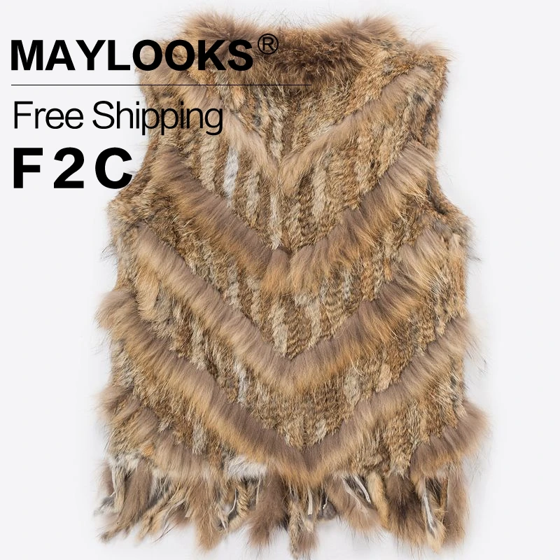 2018 мех кролика пальто Maylooks Для женщин v образным вырезом жилет пальто/Куртки Зима