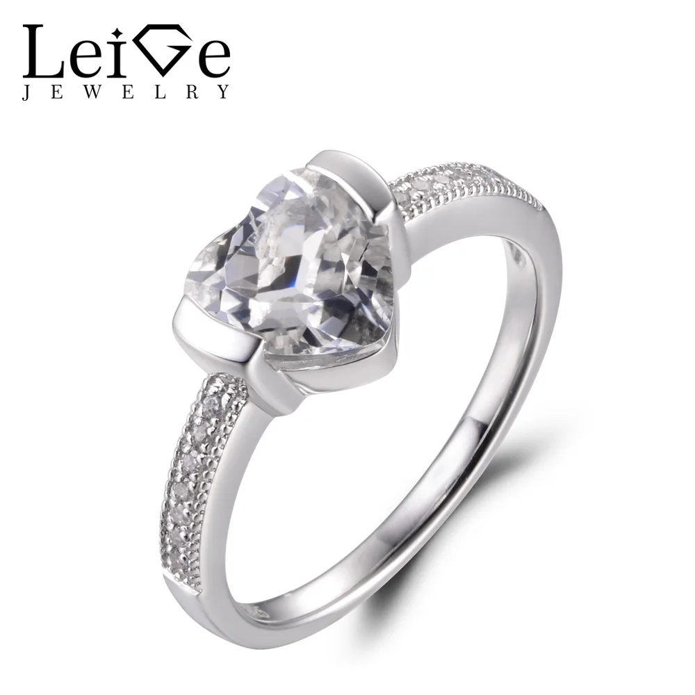 

LeiGe Jewelry Natural White Topaz Rings Heart Shape Gems Ring November Birthstone Solid 925 Sterling Silver Unique Rings for Her