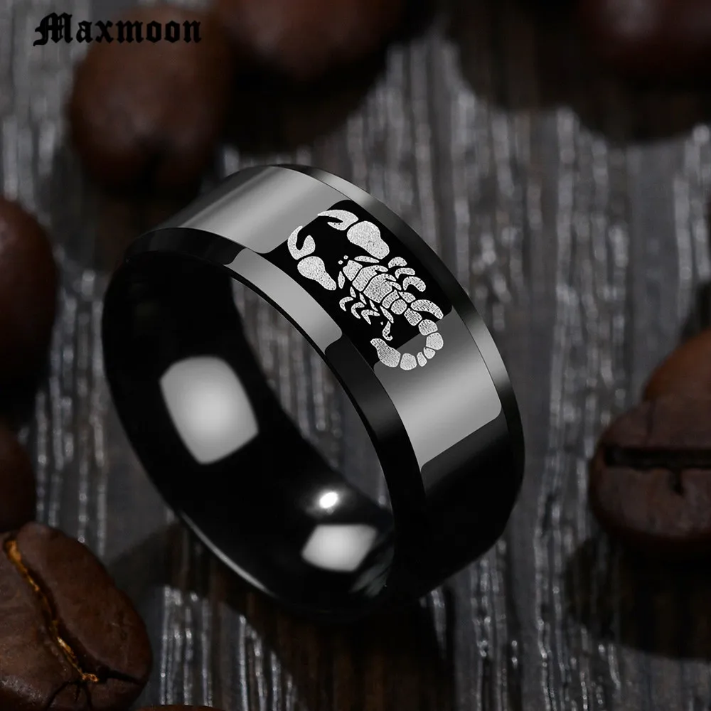 Maxmoon Punk Vintage Black Scorpion Pattern Mens Ring Color Round Stainless Steel Titanium Rings for Men Jewelry | Украшения и