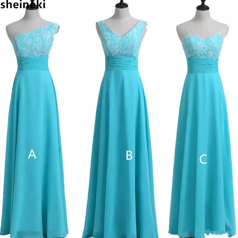 

2019 New Turquoise Chiffon Lace A Line Bridesmaid Dresses Sleeveless Lace up Long Wedding Guest Dress Maid of Honor Gowns