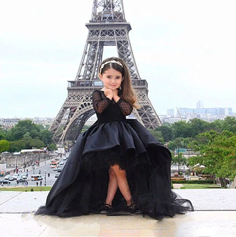 

2019 черные платья для девочек с цветами для первого причастия, кружевные платья с высоким и низким вырезом, платья для девочек Причастие