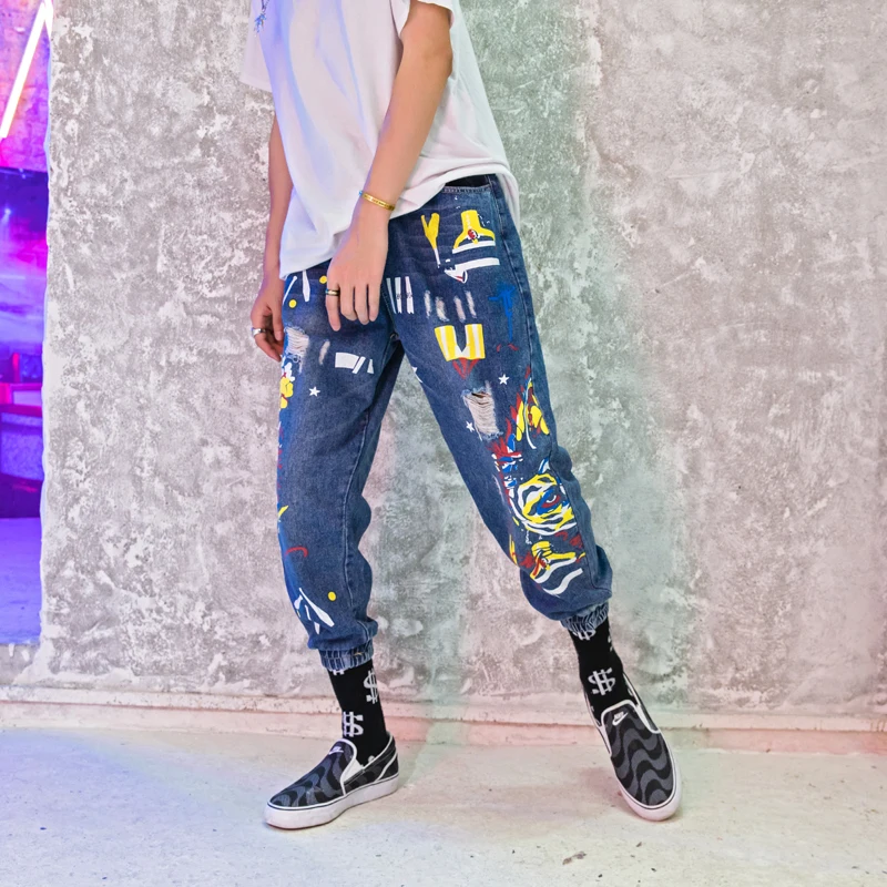 Граффити печати Для мужчин джинсы Slim Fit Проблемные шаровары джинсовое 2018 Мода