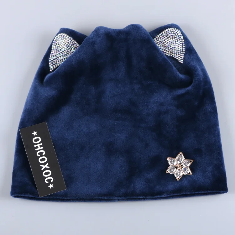 Дизайн, женские шапочки, Skullies, для девушек, милая, Осень-зима, шапка с кошачьими ушками, блестящие стразы, металлические, цветочные, зимние шапки - Цвет: navy