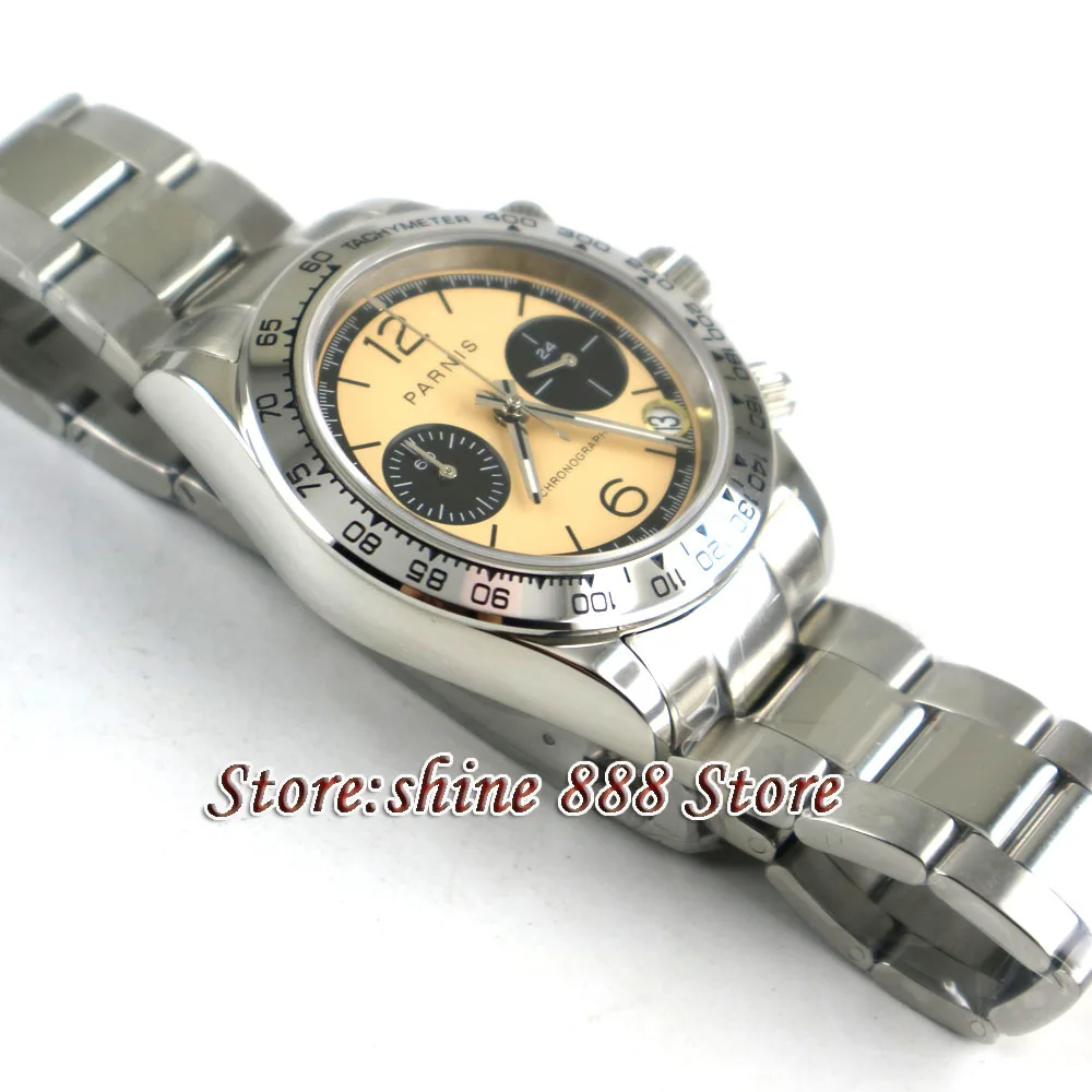 39mm PARNIS Beige dial sapphire glass date full Chronograph quartz mens watch | Наручные часы