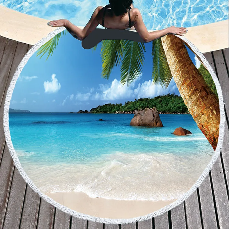 

1 Pc Printed Tropical Coconut Tree Sea Scenery Setting Sun Round Beach Towel for Living Room Home Decor Boho Style Bath Towels