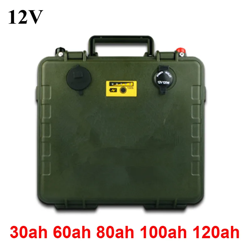 

Army green waterproof case 12V 30Ah 60Ah 80Ah 100Ah 120Ah lithium battery pack for Outdoor portable power supply +charger