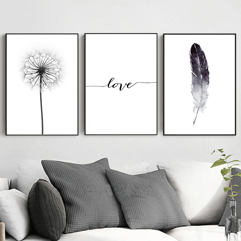 Черный и белый Одуванчик перья плакат принт с надписью Love Wall Art холст для живописи