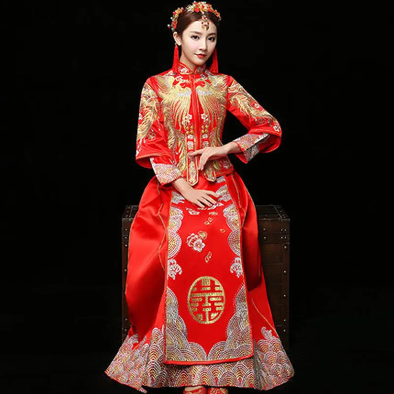 Традиционный китайский свадебное платье Вышивка Cheongsam красный Qipao длинный халат