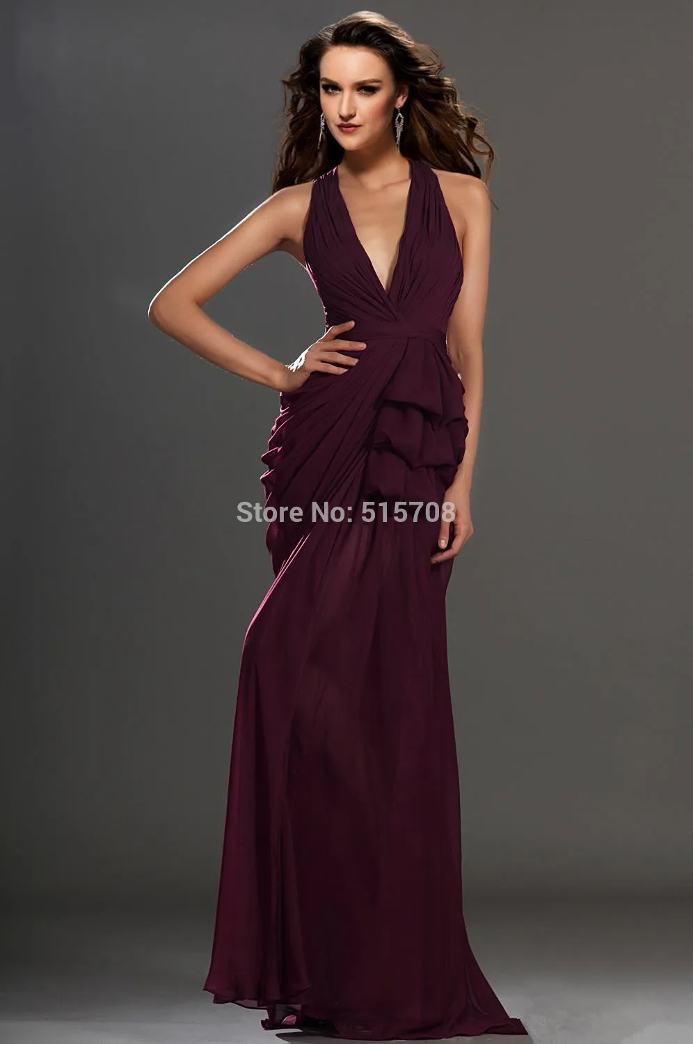 2014 Gorgeous Prom Dresses Sexy Wine Red Deep V Neck Floor Length Split Front Draped Chiffon Evening Party |