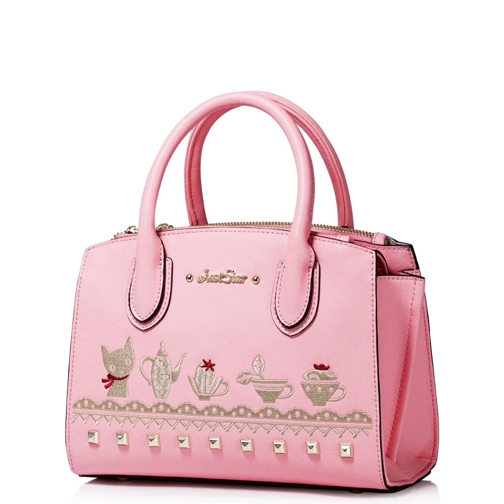 Womens Embroidered Metal Rivet Pink Leather Convertible Tote Handbag Cross Body Shoulder Purse Bag | Багаж и сумки