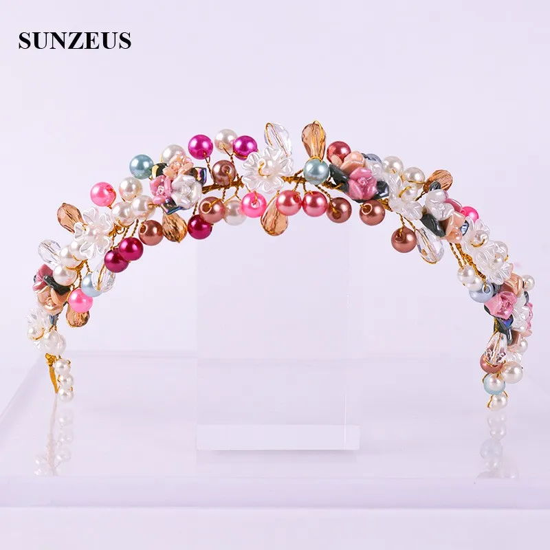 

Colorful Pearls Bridal Headband Gold Metal Head Chain Wedding Accessory Hand-made Adornos Pelo SQ0333