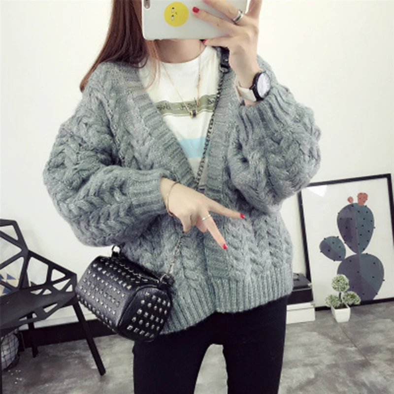 Женский свитер вязаный кардиган Однотонный зима 2019 |