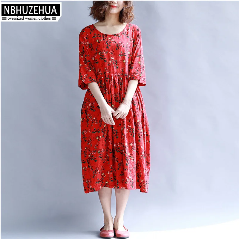 NBHUZEHUA 7G645 Mori Girl Стиль женские платья Большой размер цветочный Красный платье плюс