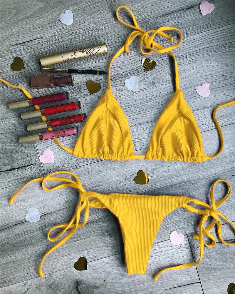 Bikinis 2018 Swimsuit Women Strappy Bandage Sexy Halter Solid Bikini Set Maillot De Bain Feme Bathing Suit Biquini | Женская одежда
