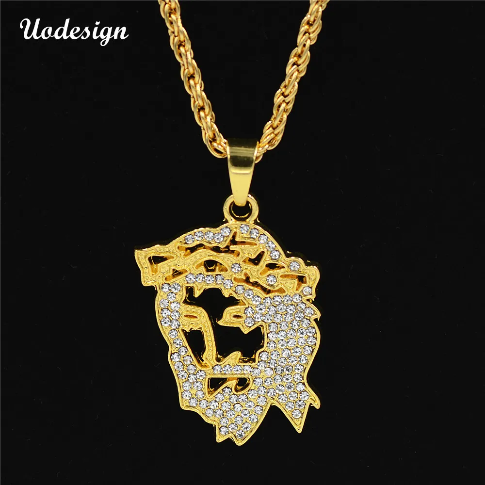

Uodesign High Quality Golden Jesus Face Christ Hip-Hop Full Rhinestone Pendant Necklace Men and Women Charms Jewelry