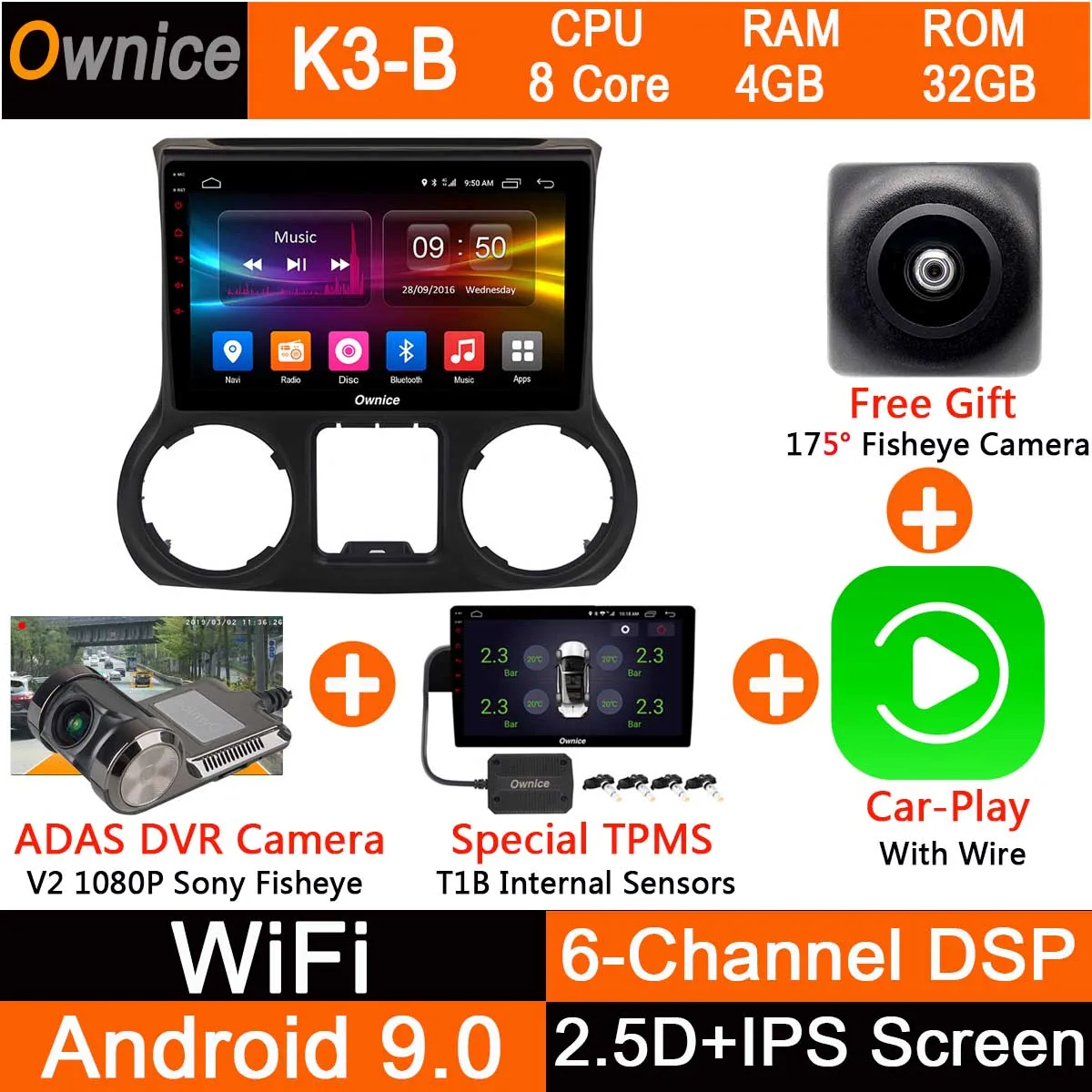 Android 9,0 8 Core 10," ips 4G+ 32G автомобильный проигрыватель с радио и GPS для Jeep Wrangler 2011 2012 2013 DSP CarPlay ADAS - Цвет: K3B-CarPlay-TPMS-DVR