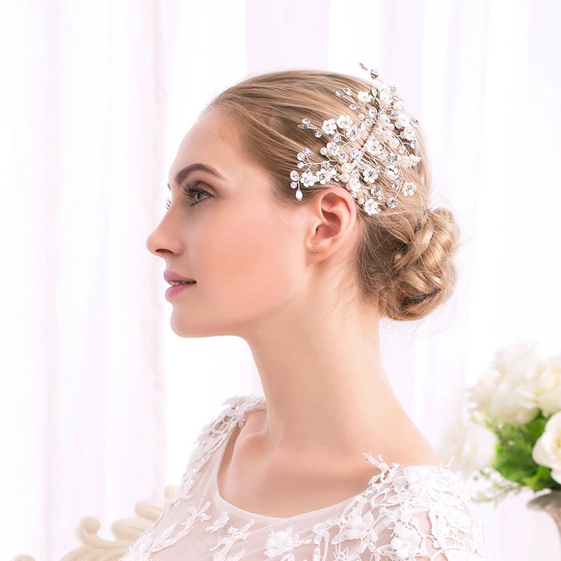 Fashion White Small Flowers Crystal Pearls Bridal Hair Combs Clips Wedding Ornaments Jewelry for Bride | Украшения и аксессуары