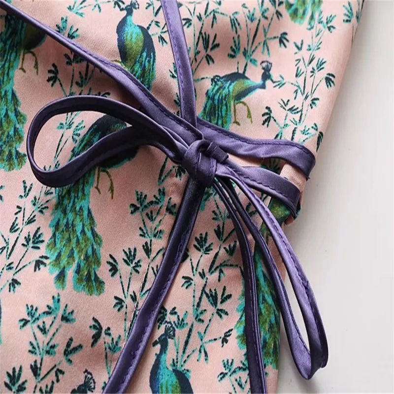 Павлин розовый цвет Кимоно длинное платье Женщины Wrap с поясом рукав фонарик Vestido