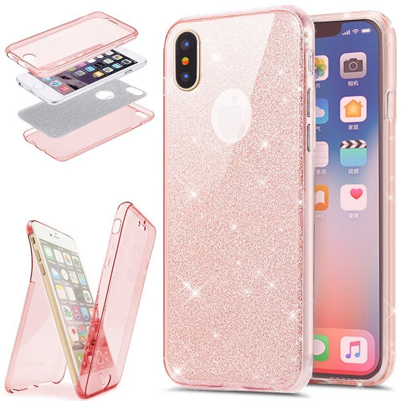 2 in 1 360 Full-Body Protection Glitter Slim TPU Case for Coque iPhone 7 8 Plus 6 6S X 10 Funda Double Face Protector Cover |