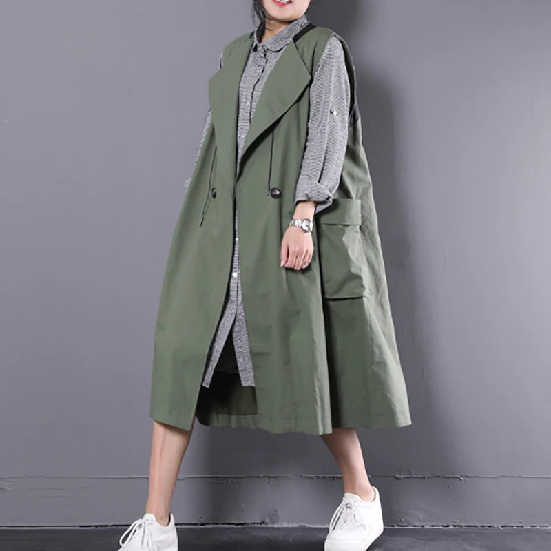 GLADSELF ветровка Без Рукавов Для Женщин зеленый жилет с прорезными карманами Тренч