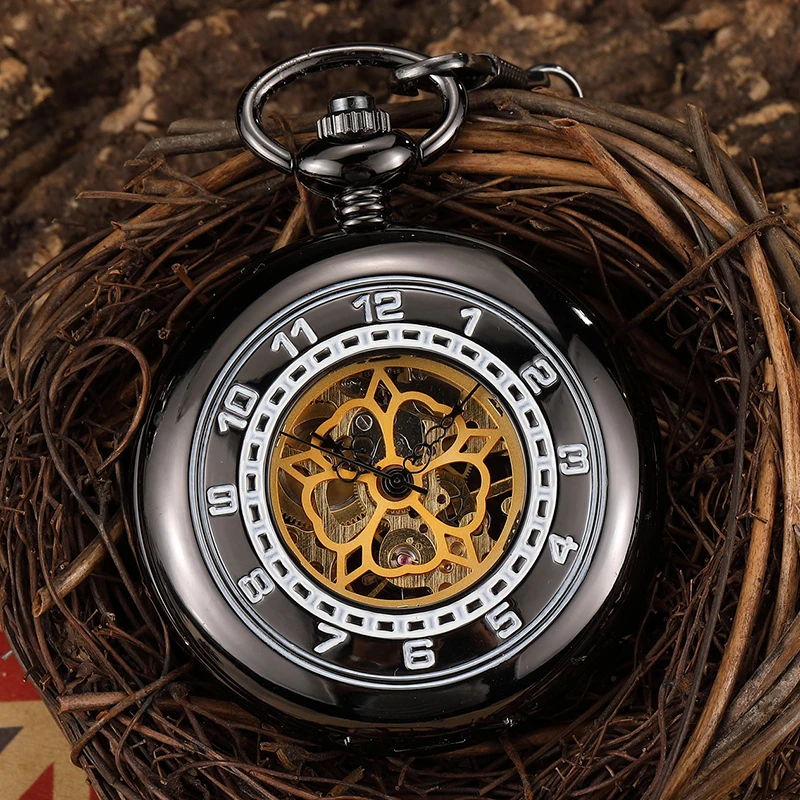 Винтажные черные стальные Механические карманные часы на цепочке гладкие