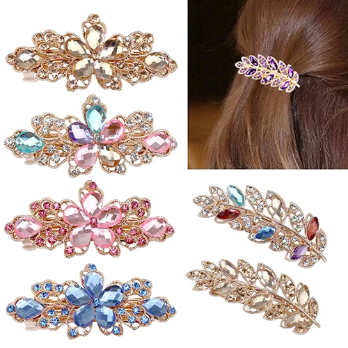 Женская Мода Цветок Лист Кристалл Горный Хрусталь Волос Заколка Клип Шпилька