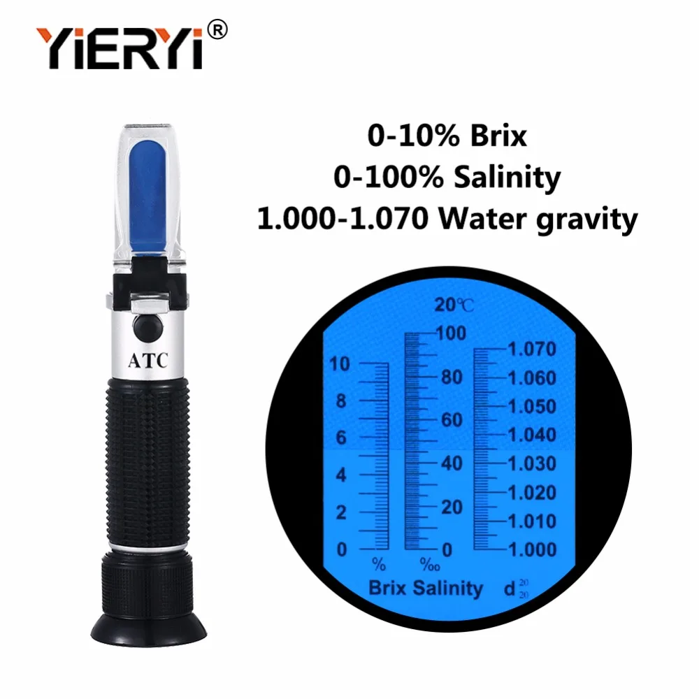 Yieryi Новый Портативный рефрактометр 3 в 1 Brix & Salinity 0 10% brix/0 100% соленость с ATC для