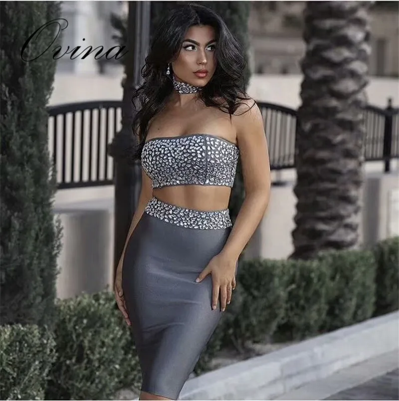 

Top Quality Sexy 3 Color Sleeveless Beading Tops Knee Length Skirts 2 pieces Bandage Women Sets