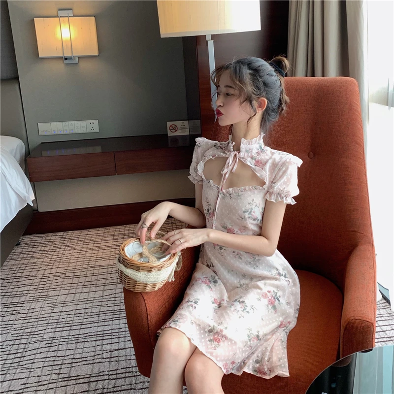 Шифоновое платье с цветочным узором во французском стиле приталенное cheongsam