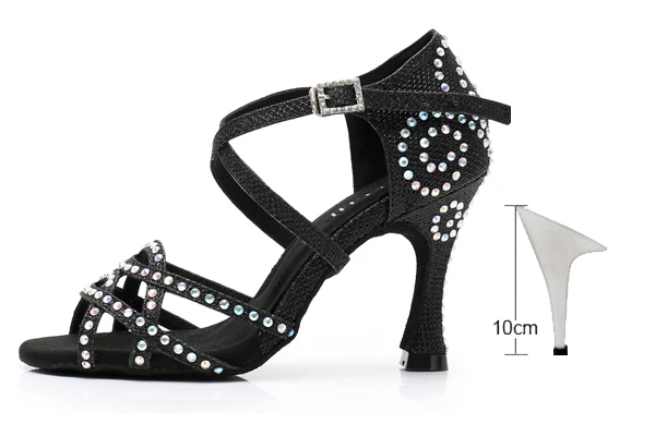 black heel 10cm DILEECHI/Женская обувь для латинских танцев; стразы; блестящая обувь для сальсы; Бальные сандалии; обувь для танцев; обувь для вечеринок; Каблук-клеш 9 см; цвет золотистый, серебристый - Цвет: black heel 10cm